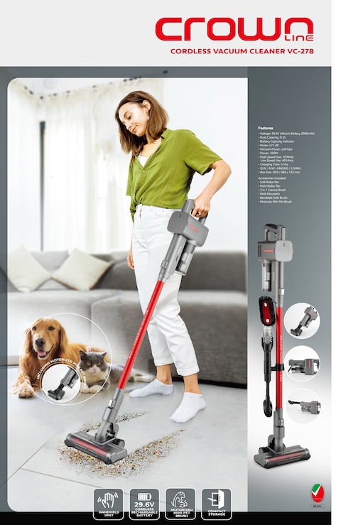 Crownline VC-278 Cordless Stick Vacuum cleaner, 29.6V, Lithium Battery: 2000mAH, Dust capacity: 0.5L, 350W