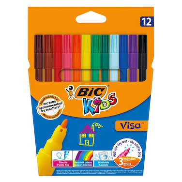 BIC Kids Visa Fine Point Felt-tip Colouring Pens - Assorted Colours, 12 Special Size Cardboard Case