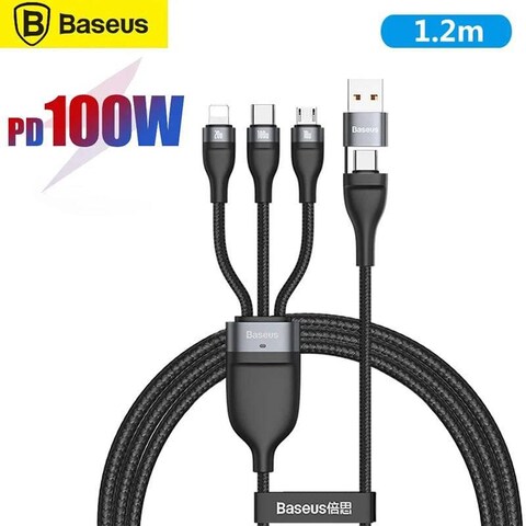 Baseus 100W Flash Series II Two-for-Three Fast Charging USB Type C Data Cable Compatible For iPhone 15/14/13/12/11 Series/MacBook/iPad/Samsung/Huawei And More 1.2 m Length, Black