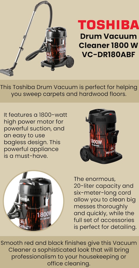 Toshiba Drum Vacuum Cleaner 20L, 1800W, VC-DR180ABF, Black/Red