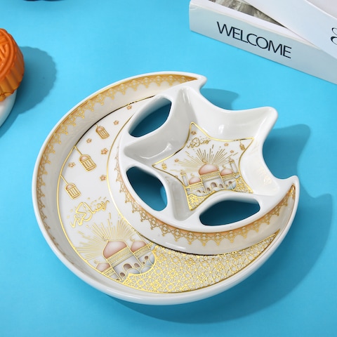 Lihan Crescent Moon &amp; Star Iftar Food Serving Tray 27Cm (B), Ramadan Ceramic Platters Table Decor For Breakfast Dinner Dessert Pastry Display Holder Decoration