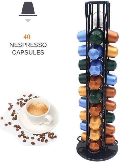 Lushh Stainless Steel Coffee Capsule Holder, 360 Degree Rotating Coffee Pod Holder Tower Rack Stand for 40 Nespresso Coffee Capsules, Black