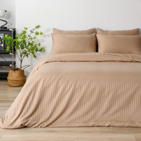 Luna Home Premium King Size 6 Pieces Bedding Set Without Filler, Solid Golden Brown Color, Satin Stripe Design