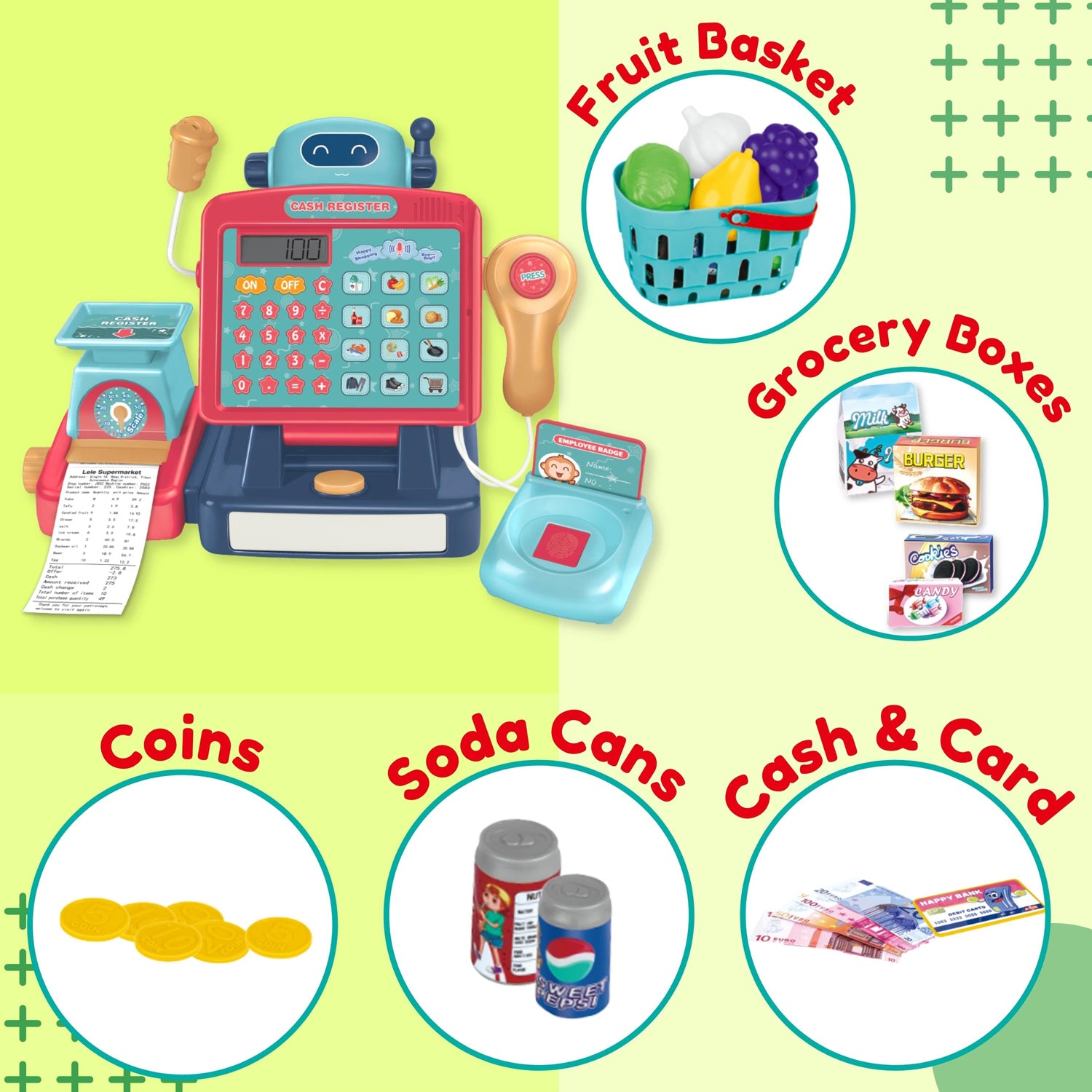 Fitto supermarket cash register for kids, Supermarket Pretend Play with Shopping Basket, Toy Cash Money with Working Calculator, microphone, credit card for Boy Girls aged 3+, Blue and Red