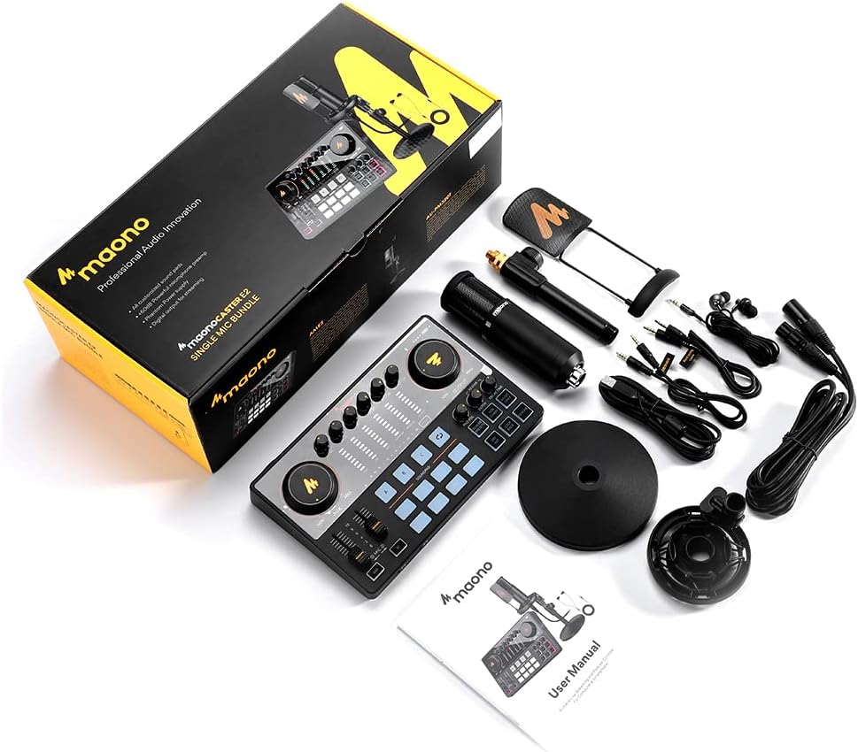 Maono Caster AME2A All-In-One Podcast Equipment Audio Interface Bundle With XLR Condenser Microphone For Recording, Streaming, Voice Over, Youtube, PC, Guitar, Black