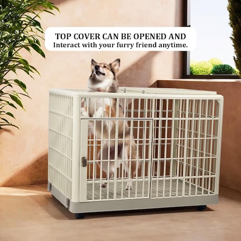 Dog cage with Open-top design, Lockable doors, and Universal wheels, Durable plastic dog crate kennel for medium and large dogs, suitable for indoor &amp; outdoor 82 cm (Khaki)