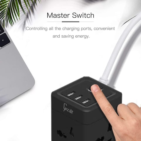 Gzar Tower Extension Cord Power Strip Cube/Lead with 4 Outlets Sockets and 3 USB Ports   5 Ft/1.5M Power Cord Phone &amp; Desktop Charging Station, Compact Portable For Travel, Home &amp; Office (Black)