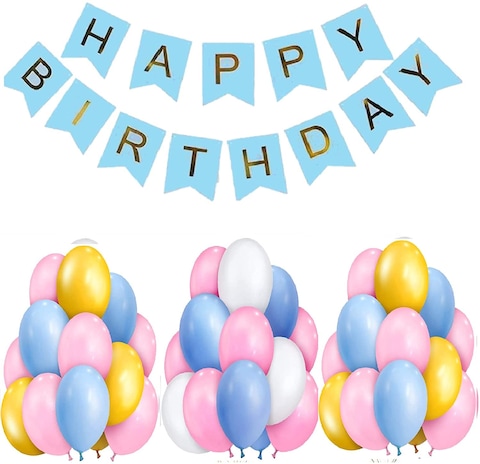 Party Time 31-Pieces Set of Blue Happy Birthday Banner &amp; 30pcs 12&quot; Blue Pink Gold White Latex Balloons For Birthday Party Decoration - Party Supplies