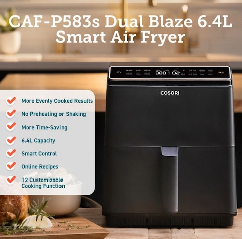 Cosori Caf-P583S Dual Blaze 6.4L Large Smart Air Fryer 12-In-1 One-Touch Presets For Crispy And Even Cooking Results - 2 Years Warranty