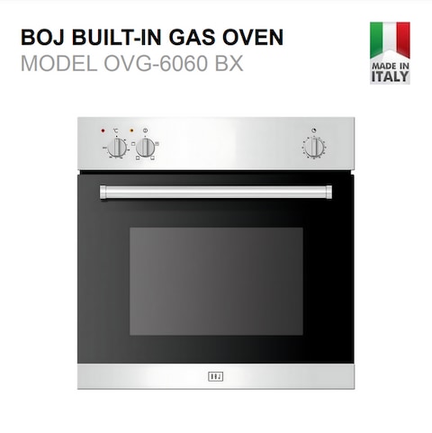 BOJ Built In 60cm Gas Oven, OVG 6060BX, Stainless Steel With Black Glass, Multifunction Gas Cooker With 6 Cooking Functions, High Quality LPG Cooker, Made In Italy - 1 Year Manufacturer Warranty