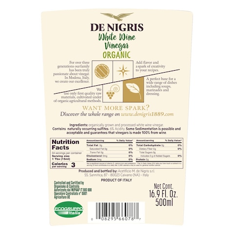 De Nigris Organic White Wine Vinegar 500ml