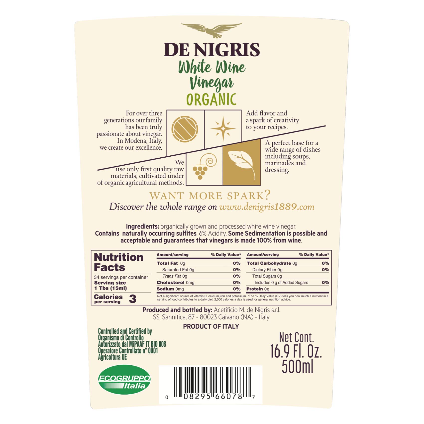 De Nigris Organic White Wine Vinegar 500ml