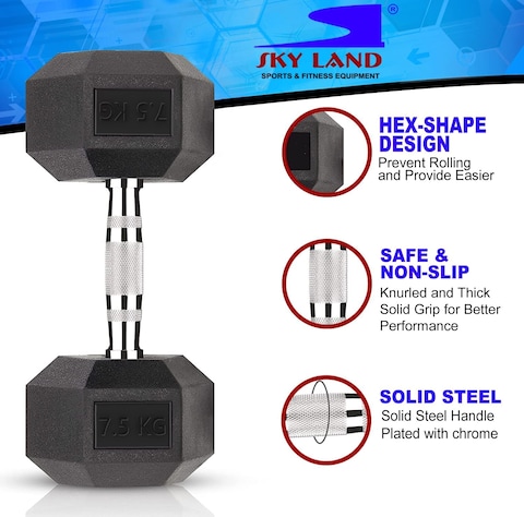 Sky Land Rubber Coated Hex Dumbbell Set With Chrome Metal Handle For Strength Training-[7.5 Kgs X 2Pcs]-Em-9260-7.5