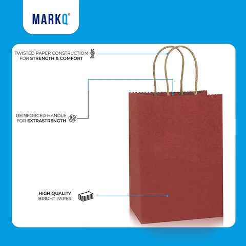 Markq Maroon Paper bags with handles 22 x 16 x 8 cm Small Kraft Gift bags for Birthday Party Favors, Weddings, Restaurant takeouts, Christmas (24 Bags)