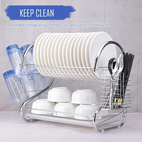 Aoguzhao 2 Tier Stainless Steel Dish Rack Metal Dish Drainer With Removable Drain Board And Utensil Holder Cup Holder Dish Drainer For Kitchen Counter Top