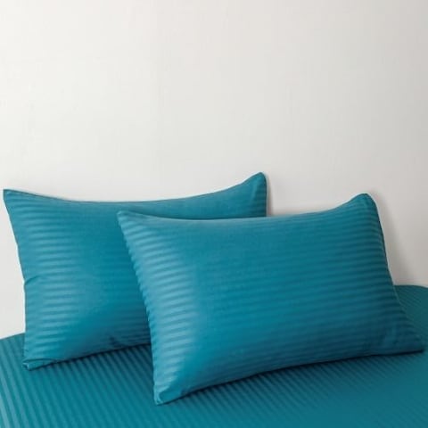 Luna Home Premium 6 Piece King Size Duvet Cover Satin Stripe Solid Ocean Blue