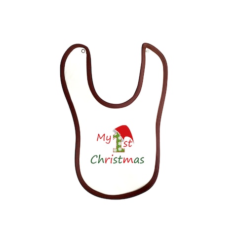Cheeky Micky - Soft baby bib, white with brown trim, 100% cotton machine washable.Age: 6-12 months.  Print: My 1st Christmas.