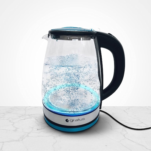 Gratus Electric Glass Kettle 1.8 Liter - Full Thermo Resist Borosilicate Glass body, 1500-1800W , Cordless Base, Aesthetic LED light design, Auto Cutoff, 2 Year Warranty (Transparent Glass)