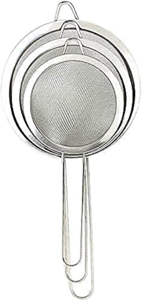 AMERTEER Set of 3 Stainless Steel Fine Mesh Strainer, Colander Sieve Sifters with Long Handle for Kitchen Food, Small Medium Large Size for Tea Coffee Powder Fry Juice Rice Vegetable Fruit Etc.