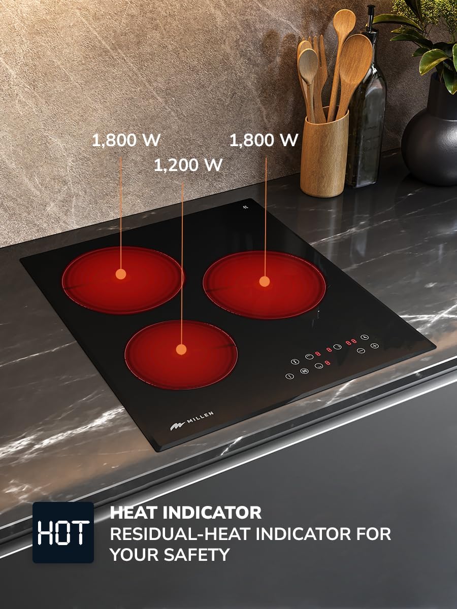 MIILLEN Built in Electric hob, 45 cm Black Glass, 3 Heating Zones, 4800W, Touch Control, MEH 451 BL, 3 Year Warranty