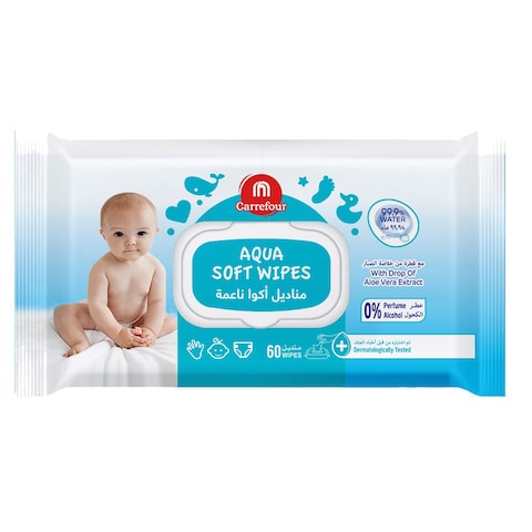 Buy Carrefour Aqua Soft Wipes With Lid 60 Wipes in UAE