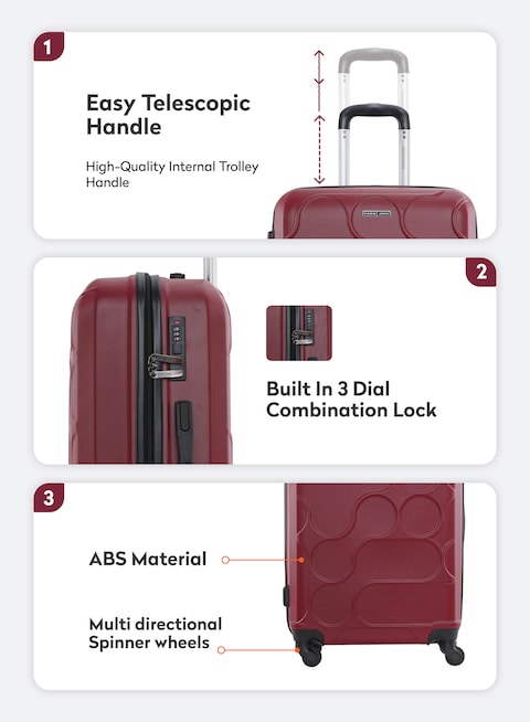 PARA JOHN 3-Piece Hard Side ABS Luggage Trolley Set 20/24/28 Inch Wine Red