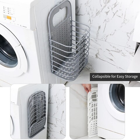 Decdeal - Punch-Free Hanging Plastic Collapsible Laundry Hamper Portable Foldable Folding Storage Basket Bin Container Organizer with Handle Sticky Hook for Bathroom Bedroom