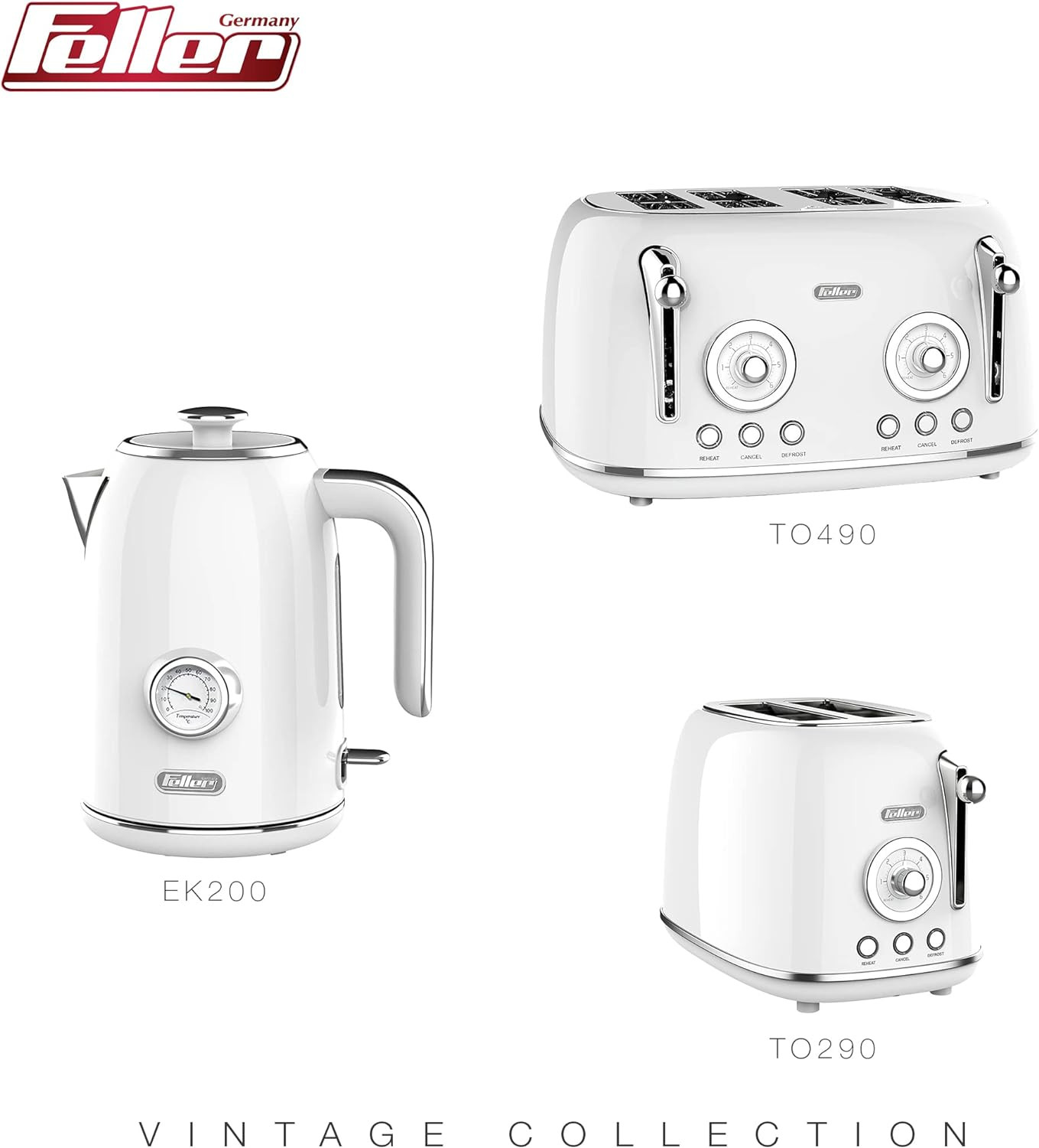 Feller Germany TO290 W Retro Style 815W Steel Body 2-Slice Toaster White