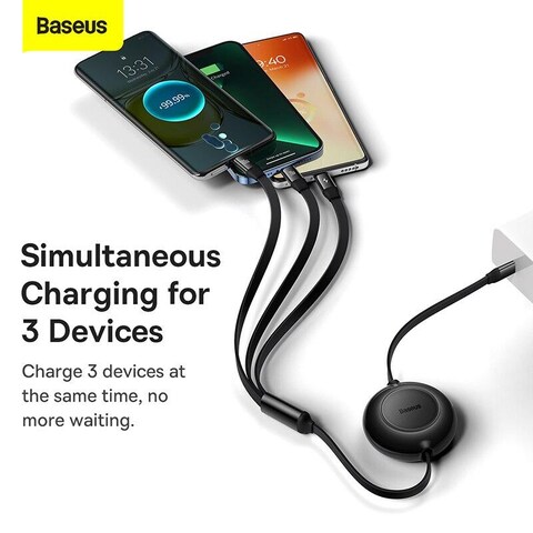 Baseus Bright Mirror 2 Series Fast Charging Cable,100W 1.2M 3 in 1 Retractable Type-C Charging Cable with Lightning/Type C/Micro Port, for iPhone 15 14/13/12, Samsung Galaxy S24/S23, Huawei, OnePlus