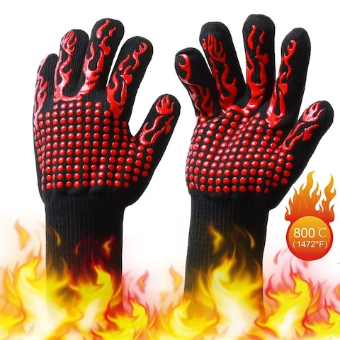 2Pcs Kitchen Fireproof Gloves Heat Resistant Thick Silicone Cooking Baking Barbecue Oven Gloves BBQ Grill Mittens red