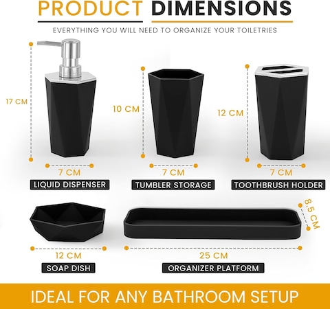 AC&amp;L Bathroom Accessories Set, 5 Pcs Plastic Bathroom Counter Vanity Set, Liquid Soap Dispenser, Toothbrush Holder, Soap Dish, Q tips Tumbler, Vanity Tray, Modern Bathroom Decor Organizer (black)