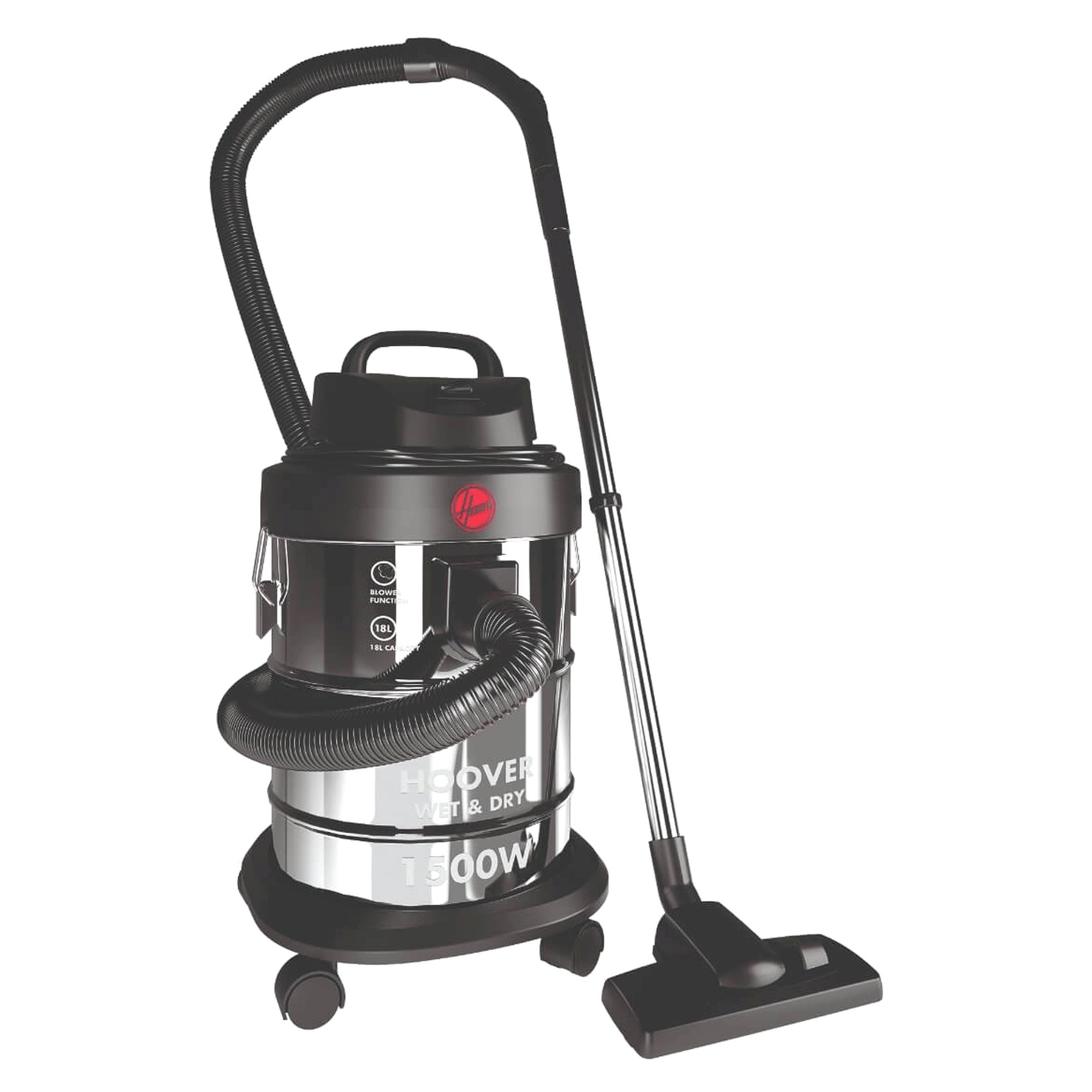 Hoover Wet &amp; Dry Drum Vacuum Cleaner 18 Litre Capacity, Powerful 1500W For Home &amp; Office Use, Steel &amp; Black, 1 Year Warranty - HDW1-ME