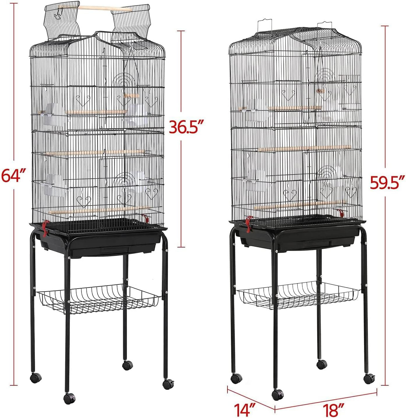 Egardenkart&reg; Open Play Top Bird cage with Rolling Stand for Cockatiel Sun Conure Parakeet (Black)