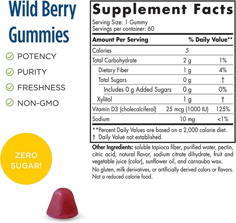 Nordic Naturals Zero Sugar Vitamin D3 1000Iu Gummies, Wild Berry Flavour