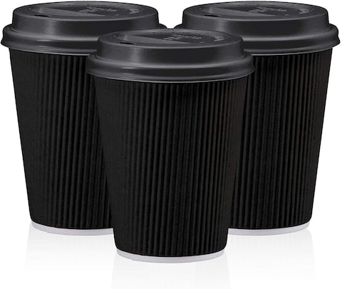 Markq [50 Sets] 8 oz. Black Disposable Coffee Cups with Lids - Triple Wall Ripple Paper Cups for Hot &amp; Cold Drinks