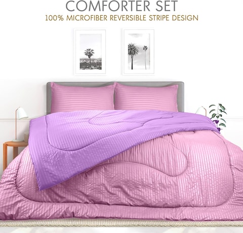 Hotel Linen Klub Reversible Down Alternative Comforter Set, Ultra Soft Brushed Stripe Microfiber Fabric, 200GSM Soft Fibersheet Filling, Size: Single 160 x 200cm, Pink &amp; Lilac