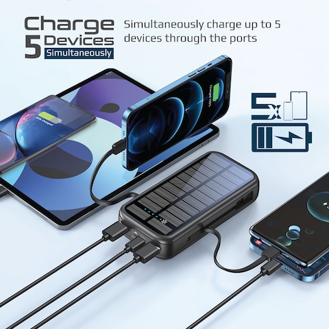 Promate Solar Power Bank, Portable 20000mAh Battery Charger with Built-in 5V/2.1A USB-C and Lightning Cables, 20W USB-C Power Delivery and Dual QC 3.0 Ports for iPhone 13, Galaxy S22, SolarTank-20PDCi