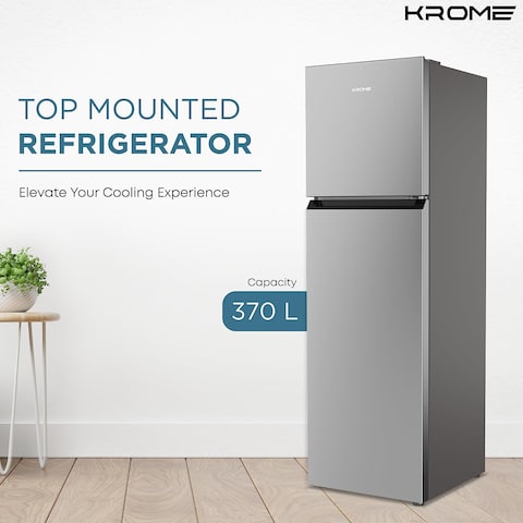 Krome 370L Top Mount Double Door Refrigerator, Automatic Defrost Freezer, A+ Energy Efficiency Grade, Big Capacity Fridge, Quick Cooling &amp; Long-Lasting Freshness, Silver, KR-REF370T