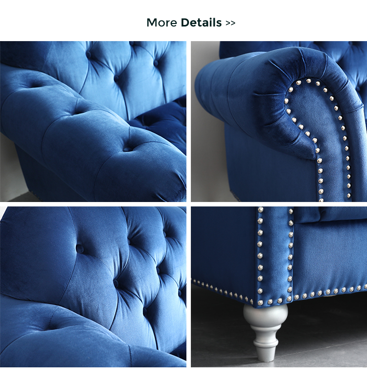 luxury blue velvet button tufted sofa modern living room furniture navy blue tufted 3+2+1 seat fabric chesterfield sofa