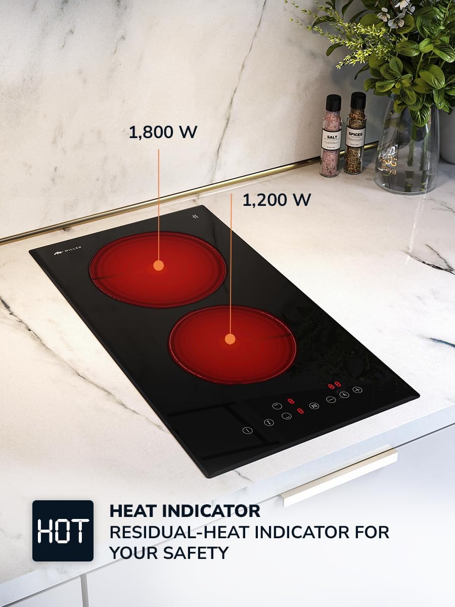 MIILLEN Built in Electric hob, 30 cm Black Glass, 2 Heating Zones, 3000W, Touch Control, MEH 301 BL, 3 Year Warranty