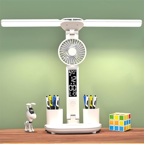 Foldable Double Head Led Fan Desk Lamp,USB Rechargeable Reading Lamp with Digital Temp, Time, Date, Pen Holders 3 Color Modes and Infinite Dimming, Double Swing Arm Desk Lamp,for Reading, Home