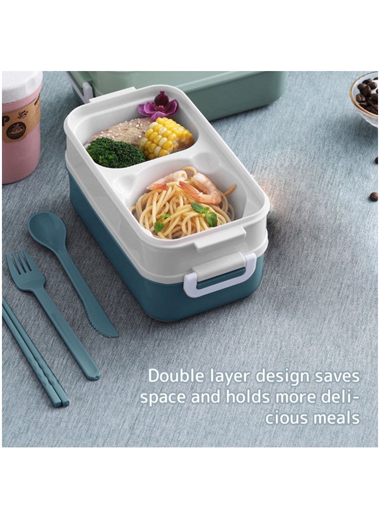 Lunch Box for Adults &amp; kids with 2 Compartments portion &amp; 2 Dividers and cutlery set Blue Color