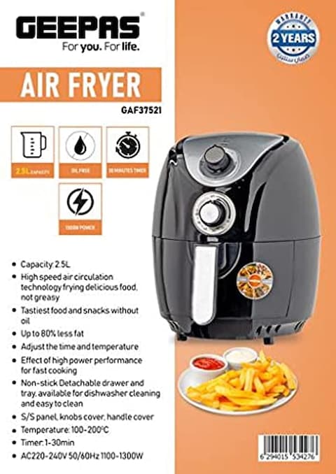 Geepas Gaf37521, 1300W Air Fryer With Rapid Air Circulation System, 2.5L Capacity, Black