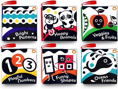 Babybibi Cloth Books (Set Of 6). High Contrast Soft Books. Black And White Images Encourage Infant Development, Suitable For Babies Toddlers From 3 Months Astm Certified