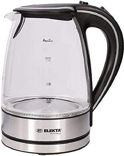 Elekta 1.7 Liter Glass Electric Kettle Cordless With Blue LED Light Black &amp; Silver Model KT001G -1 Years Full Warranty.