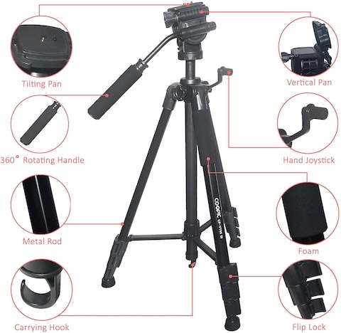 COOPIC CP-VT05 III, Foldable Tripod with MAX Height 190cm/74.80inch with Horizontal Fluid Pan Head for Camera and Camcorder Photography Load up to 5kg.