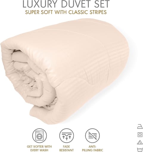 Hotel Linen Klub Down Alternative Comforter Set -Ultra Soft Brushed Stripe Microfiber Fabric, 200GSM Soft Fibersheet Filling, Size: King 240 x 260cm, Color: Cream