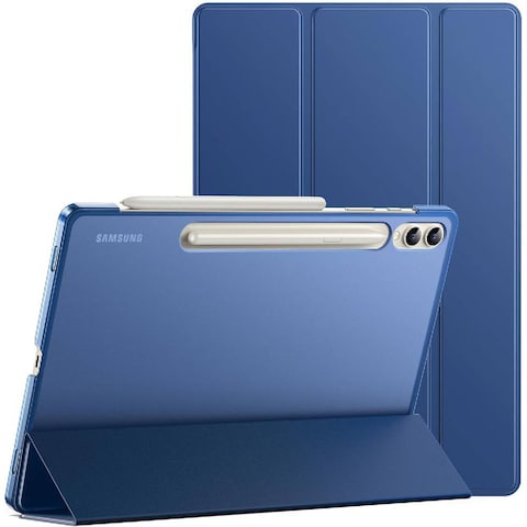 For Samsung Galaxy Tab S9 Plus 12.4-Inch, Translucent Back Tri-Fold Stand Protective Tablet Case Cover, Support S Pen Charging Auto Wake/Sleep Blue