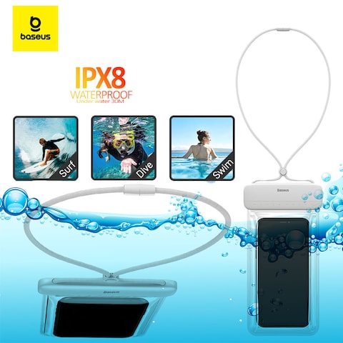 Baseus AquaGlide Waterproof Phone Case, IPX8 Certified 30M Waterproof Phone Pouch Waterproof Cell Phone Case Fit for Big Phones up to 7.2&quot; For iPhone 15 Pro Max/Plus/14/13/12/S24/S23 Ultra White