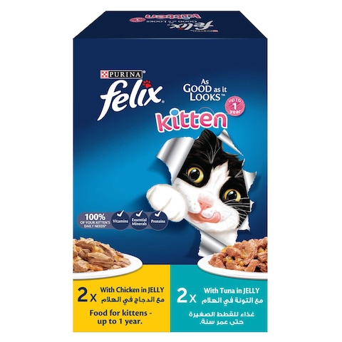 Purina Felix As Good As It Looks with Chicken and Tuna in Jelly Kitten Wet Food, 85g Pack of 4